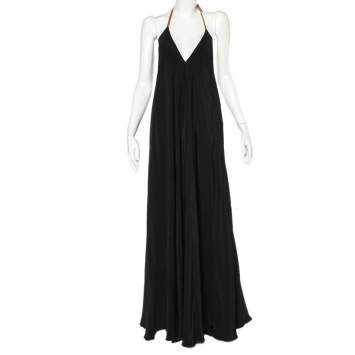 Pre Owned Victoria Beckham Black Crepe Leather Trim Halter Neck Flared Dress M