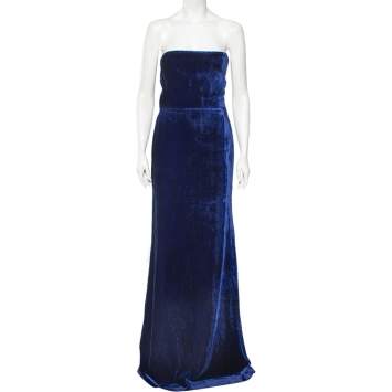 Pre Owned Victoria Beckham Navy Blue Velvet Corset Detail Strapless Gown M