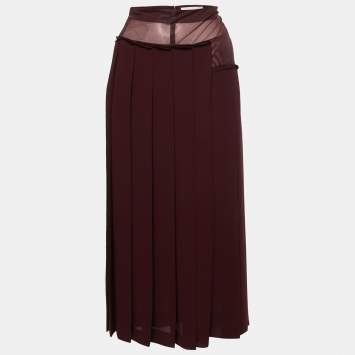 Pre Owned Victoria Beckham Burgundy Crepe Paneled Pleated Midi Skirt S