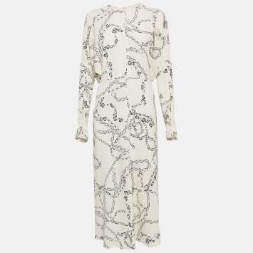 Pre Owned Victoria Beckham Off-White Chain Print Crepe Midi Dress M