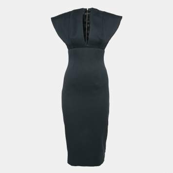 Pre Owned Victoria Beckham Black Cotton Canvas Plunging Neck Sheath Dress M