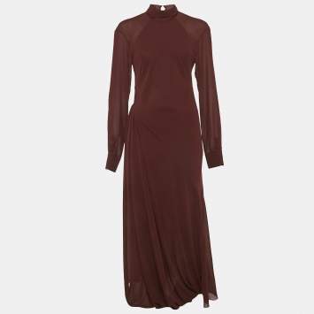 Pre Owned Victoria Beckham Burgundy Crepe High Neck Midi Dress M