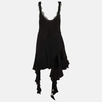 Pre Owned Victoria Beckham Black Lace Trim Sateen Dropped Ruffle Mini Dress L