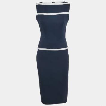 Pre Owned Victoria Beckham Navy Blue Basket Weave Cotton Midi Dress M