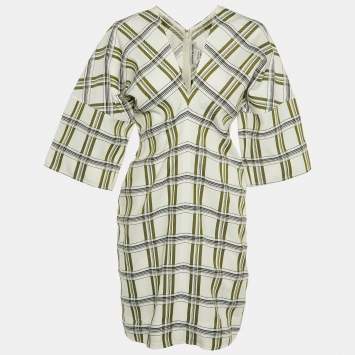 Pre Owned Victoria Beckham White Checked Canvas Plunge V-Neck Mini Dress M