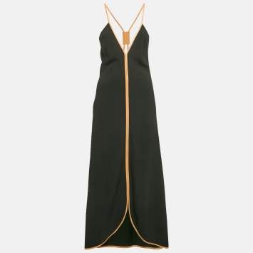 Victoria Beckham Black Leather Trim Crepe Midi Dress M