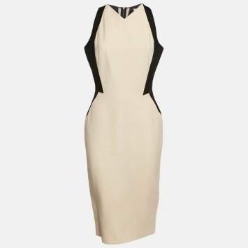 Pre Owned Victoria Beckham Cream and Black Silk and Wool Panel Detail Sleeveless Midi Dress M