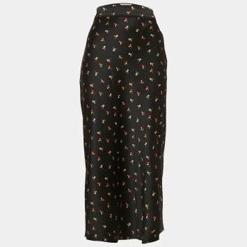 Victoria Beckham Black Floral Print Textured Satin Midi Skirt S