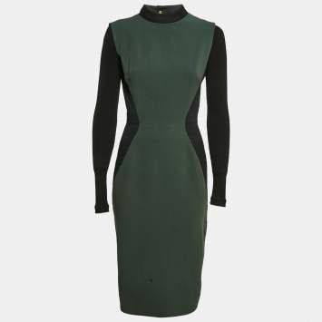 Victoria Beckham Green/Black Wool Blend Paneled Detail Bodycon Dress M