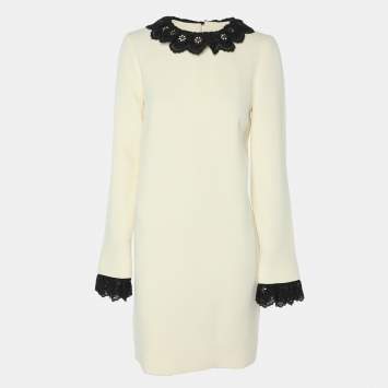 Pre Owned Victoria Beckham Cream/Black Wool Lace Dress S