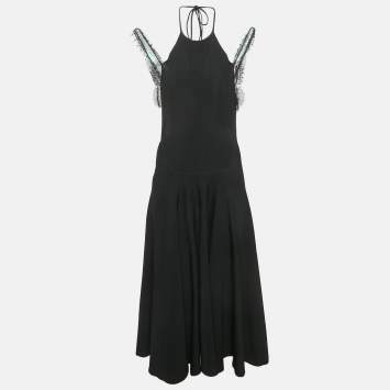 Pre Owned Victoria Beckham Black Knit Lace Trimmed Midi Dress M