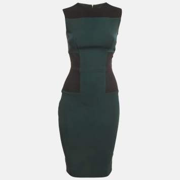Pre Owned Victoria Beckham Green/Black Crepe Side Panel Sheath Midi Dress S 