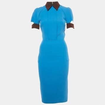 Pre Owned Victoria Beckham Blue Wool & Silk Sheath Midi Dress S