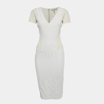 Pre Owned فستان فيكتوريا بيكهام قطني كريمي وأبيض متوسط الطول مقاس صغير (سمول)