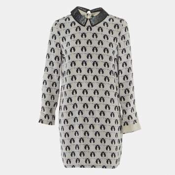 مملوكة مسبقًا Victoria Beckham Grey Printed Shimmer Detachable Collar Silk Dress M