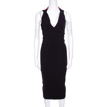 Pre Owned Victoria Beckham Navy Blue Contrast Trim Plunge Neck Halter Dress M