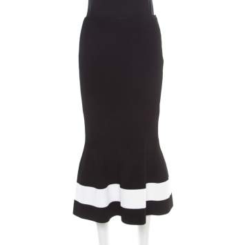 Pre Owned Victoria Beckham Black Contrast Stripe Detail Rib Knit Fluted Midi Skirt S