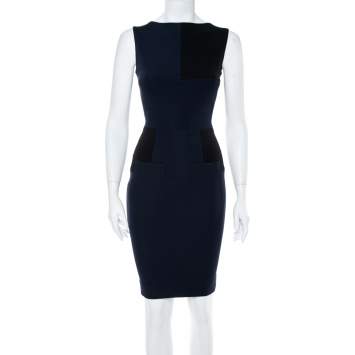 Pre Owned Victoria Beckham Navy Blue Paneled Jersey Fitted Dress S
