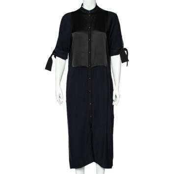 Pre Owned Victoria Victoria Beckham Black Striped Crepe Pintuck Detail Button Down Midi Dress M