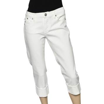 Pre Owned Victoria Beckham X Rock & Republic White Denim Crown Embroidered Capri Jeans M