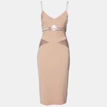 Pre Owned Victoria Beckham Nude Knit Satin Trimmed Cut-Out Detailed Bodycon Dress L