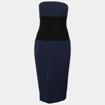 Pre Owned Victoria Beckham Navy Blue & Black Paneled Silk & Wool Strapless Dress L