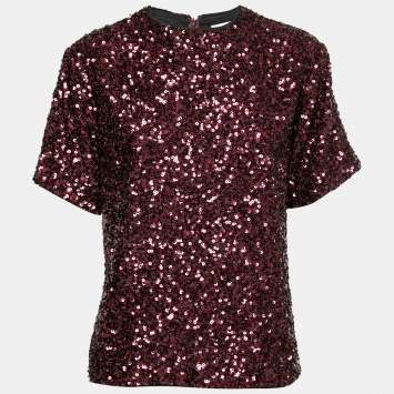 Pre Owned Victoria Beckham Burgundy Sequin Crew Neck Top S