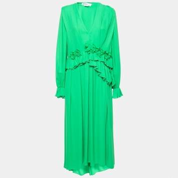 Pre Owned Victoria Beckham Green Floral-Applique Georgette Pleated Maxi Dress S