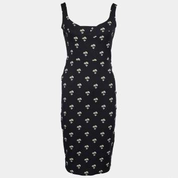 Pre Owned Victoria Beckham Black Daisy Jacquard Pattern Sleeveless Sheath Dress M