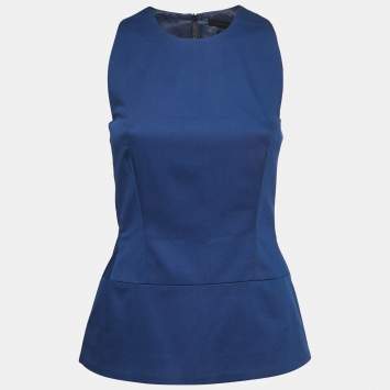 Pre Owned Victoria Beckham Navy Blue Cotton Sleeveless Peplum Top M