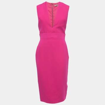 Pre Owned Victoria Beckham Pink Silk & Wool Deep Neck Sleeveless Midi Dress M