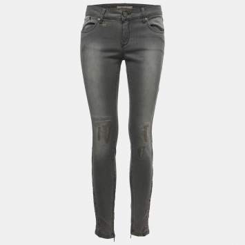 Pre Owned Victoria Beckham Grey Denim Glitter Detail Skinny Jeans M Waist 28"