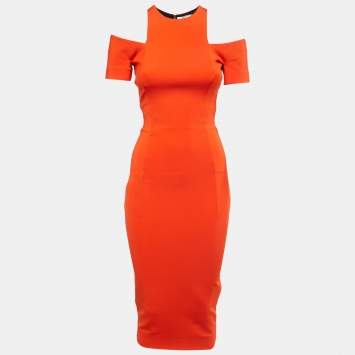 Pre Owned Victoria Beckham Orange Jersey Cold Shoulder Sheath Dress S