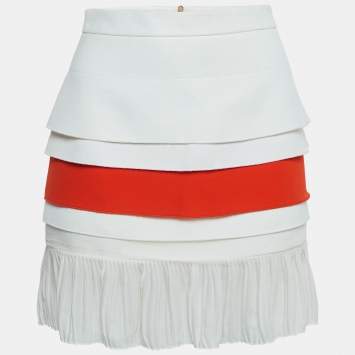 Pre Owned Victoria Beckham Off-White/Orange Cotton Tiered Mini Skirt S