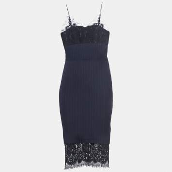 Pre Owned Victoria Beckham Navy Blue Pinstriped Wool Lace-Trimmed Midi Dress S