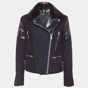 Pre Owned Victoria Beckham Navy Blue Fur and Leather Trim Wool Biker Jacket S