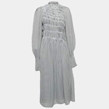 Pre Owned Victoria Beckham Black/White Gingham Crepe Shirred Seersucker Midi Dress s