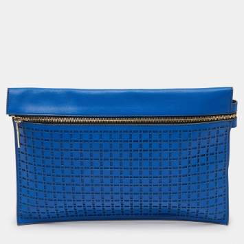 Pre Owned Victoria Beckham Blue Laser Cut Leather Large Zip Pouch