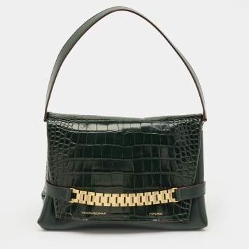 Pre Owned Victoria Beckham Dark Green Croc Embossed Leather Puffy Chain Flap Bag