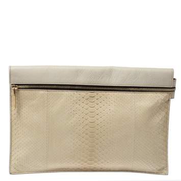 Pre Owned Victoria Beckham Ivory Leather and Python Zipper Clutch