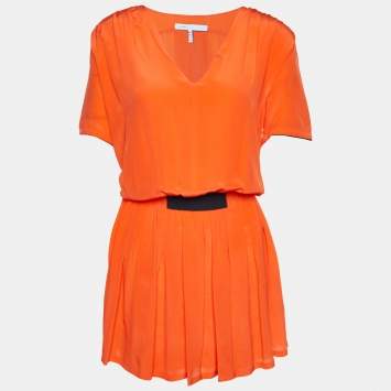 Pre Owned Victoria Victoria Beckham Orange Silk Elastic Waist Detail Mini Dress M