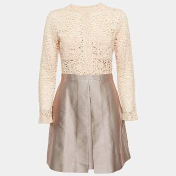 Pre Owned Victoria Victoria Beckham Beige Lace and Textured Crepe Short Dress M