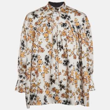 Victoria Victoria Beckham Off-White Floral Print Satin Ruffled Top S
