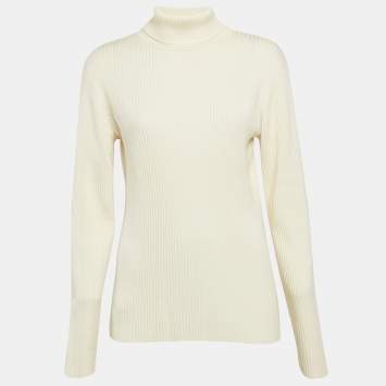 Pre Owned Victoria Victoria Beckham Cream Rib Knit Buttons Detail Turtleneck Sweater S