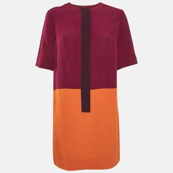 Victoria Victoria Beckham Burgundy/Orange Colorblocked Crepe Short Dress L