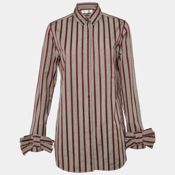 Pre Owned Victoria Victoria Beckham Grey Striped Cotton Bow Sleeve Shirt M