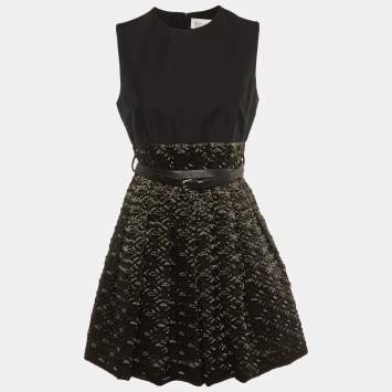 Pre Owned Victoria Victoria Beckham Black Textured Organza Belted Dress M