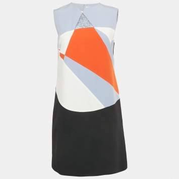 مملوكة مسبقًا Victoria Victoria Beckham Black/Blue Lurex Trim Crepe Shift Dress M