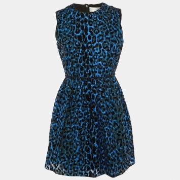 مملوكة مسبقًا Victoria Victoria Beckham Blue/Black Leopard Pattern Devore Sleeveless Dress M