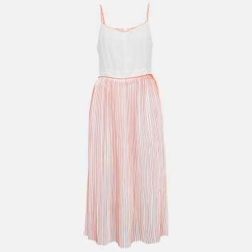 مملوكة مسبقًا Victoria Victoria Beckham White/Orange Silk and Plisse Midi Dress M